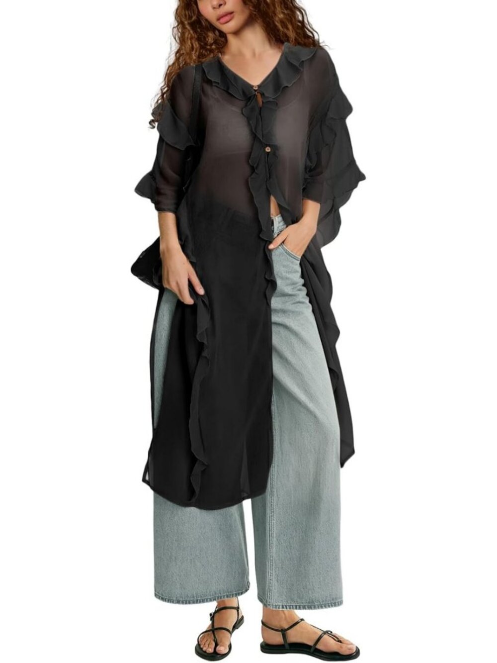 Sheer Ruffle Kimono Blouse - Flowy Chiffon Tie Front Top, Long Sleeve, Boho